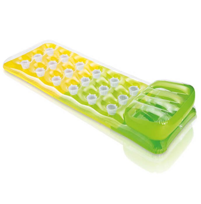Zeleno-žluté nafukovací lehátko na vodu s polštářem